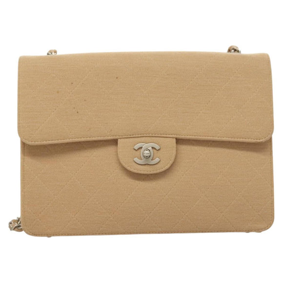 CHANEL Matelasse Chain Shoulder Bag Cotton Beige Silver CC Auth bs26927