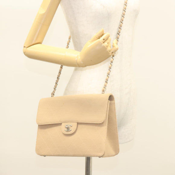 CHANEL Matelasse Chain Shoulder Bag Cotton Beige Silver CC Auth bs26927