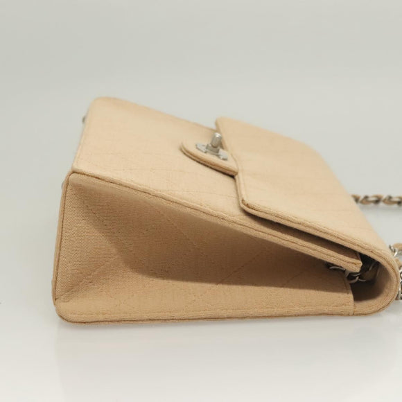 CHANEL Matelasse Chain Shoulder Bag Cotton Beige Silver CC Auth bs26927