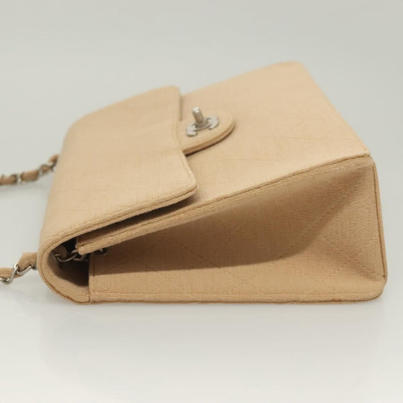 CHANEL Matelasse Chain Shoulder Bag Cotton Beige Silver CC Auth bs26927