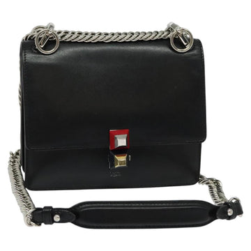 FENDI Canai Chain Shoulder Bag Leather Black Silver Auth bs26937