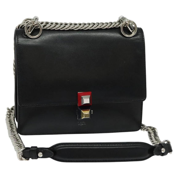 FENDI Canai Chain Shoulder Bag Leather Black Silver Auth bs26937