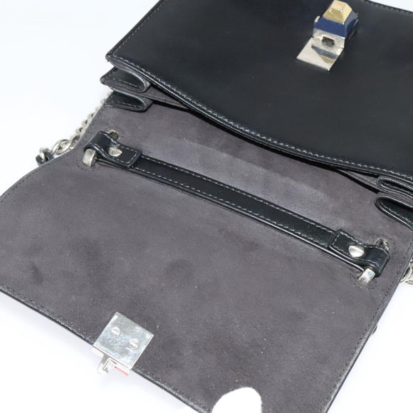 FENDI Canai Chain Shoulder Bag Leather Black Silver Auth bs26937