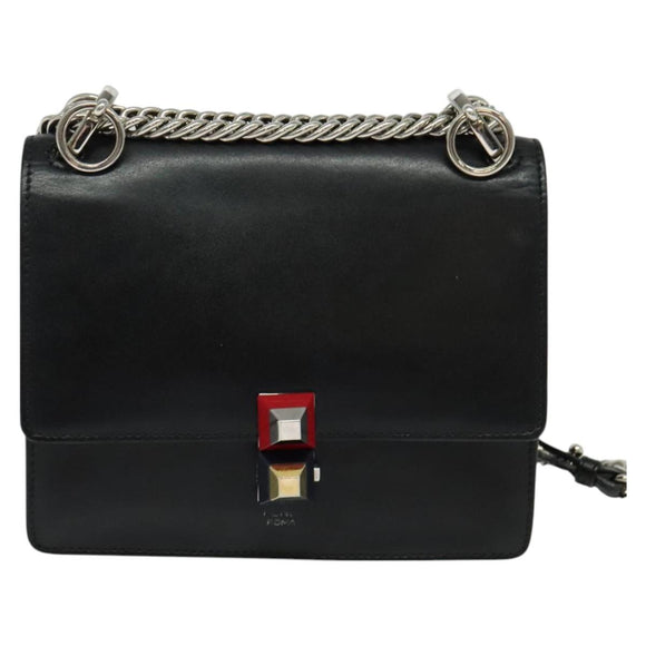 FENDI Canai Chain Shoulder Bag Leather Black Silver Auth bs26937