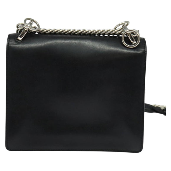 FENDI Canai Chain Shoulder Bag Leather Black Silver Auth bs26937