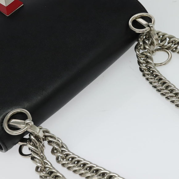FENDI Canai Chain Shoulder Bag Leather Black Silver Auth bs26937