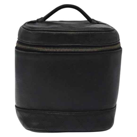 CHANEL Vanity Pouch Lamb Skin Black Gold CC Auth bs26985