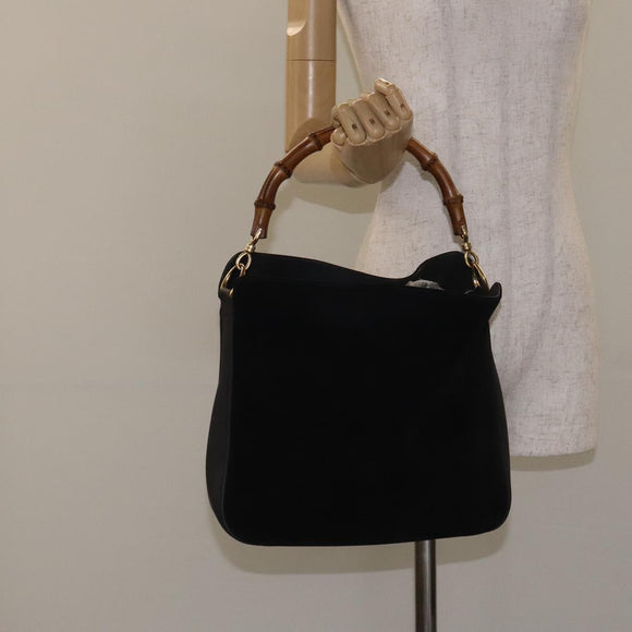 GUCCI Bamboo Hand Bag Suede Leather Black Gold 001 3444 1638 Auth bs27007