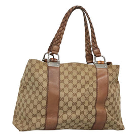 GUCCI GG Canvas Bamboo Tote Bag Beige Silver 232947 Auth bs27063