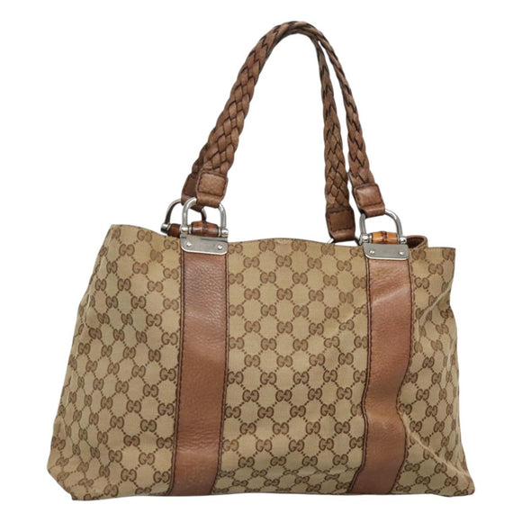 GUCCI GG Canvas Bamboo Tote Bag Beige Silver 232947 Auth bs27063