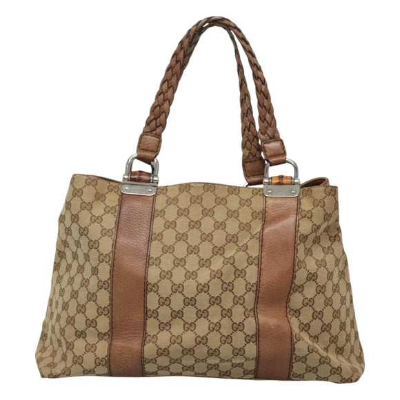GUCCI GG Canvas Bamboo Tote Bag Beige Silver 232947 Auth bs27063