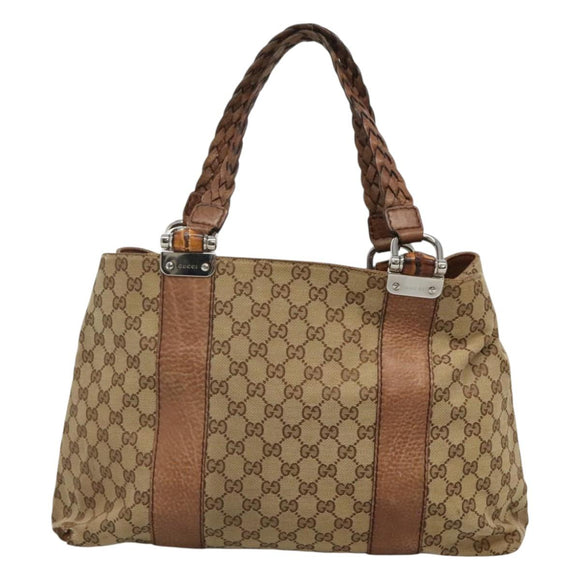 GUCCI GG Canvas Bamboo Tote Bag Beige Silver 232947 Auth bs27063