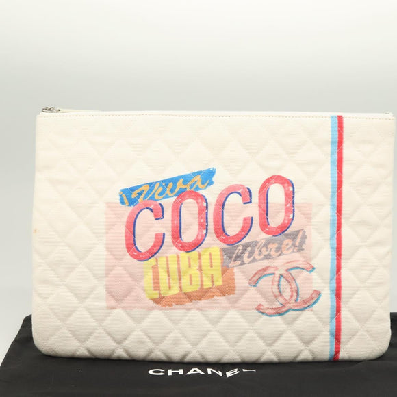 CHANEL Matelasse Clutch Bag Canvas White Silver CC Auth bs27077V