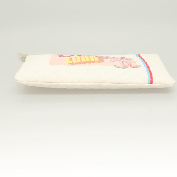 CHANEL Matelasse Clutch Bag Canvas White Silver CC Auth bs27077V