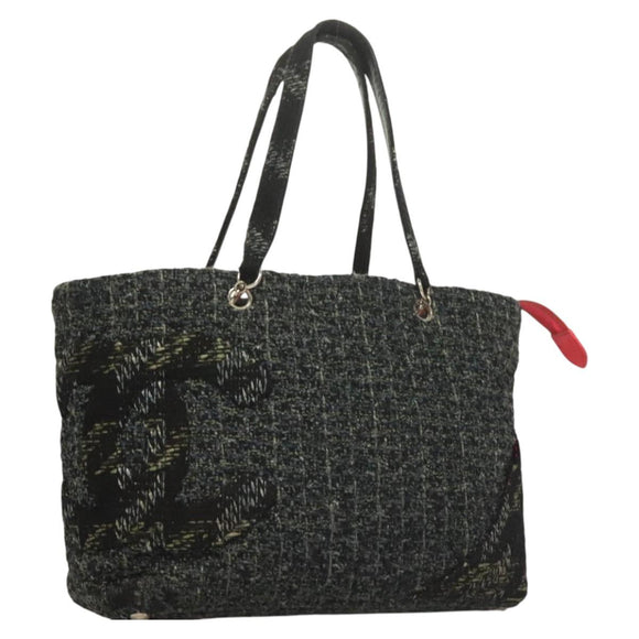 CHANEL Tote Bag Tweed Black Silver CC Auth bs27090