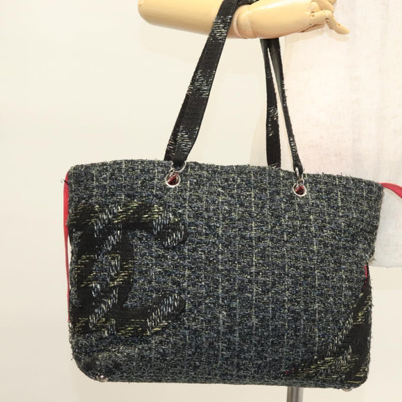 CHANEL Tote Bag Tweed Black Silver CC Auth bs27090