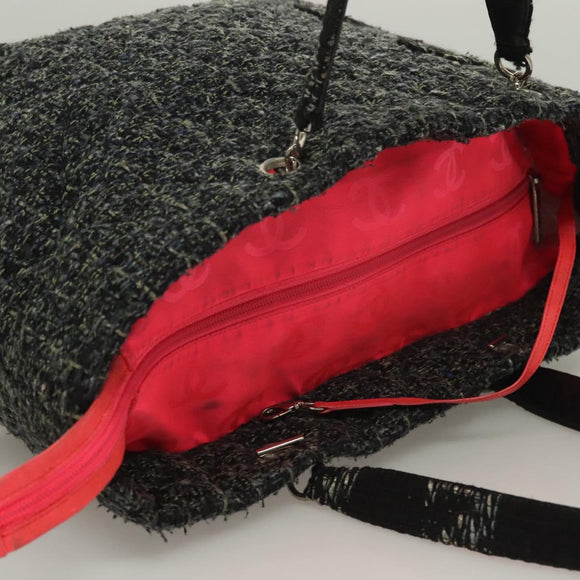 CHANEL Tote Bag Tweed Black Silver CC Auth bs27090