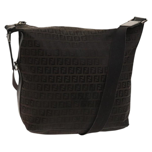 FENDI Zucchino Canvas Shoulder Bag Black Brown Auth bs27098