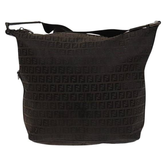FENDI Zucchino Canvas Shoulder Bag Black Brown Auth bs27098