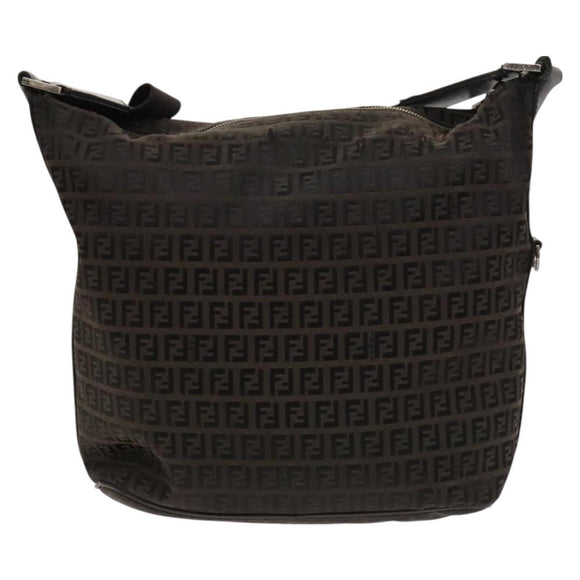 FENDI Zucchino Canvas Shoulder Bag Black Brown Auth bs27098