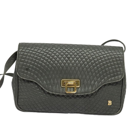 BALLY Shoulder Bag Leather Gray Gold Auth bs27172