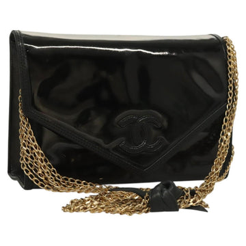 CHANEL Chain Shoulder Bag Enamel Black Gold CC Auth bs27175