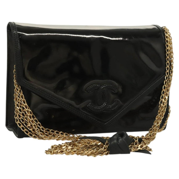CHANEL Chain Shoulder Bag Enamel Black Gold CC Auth bs27175