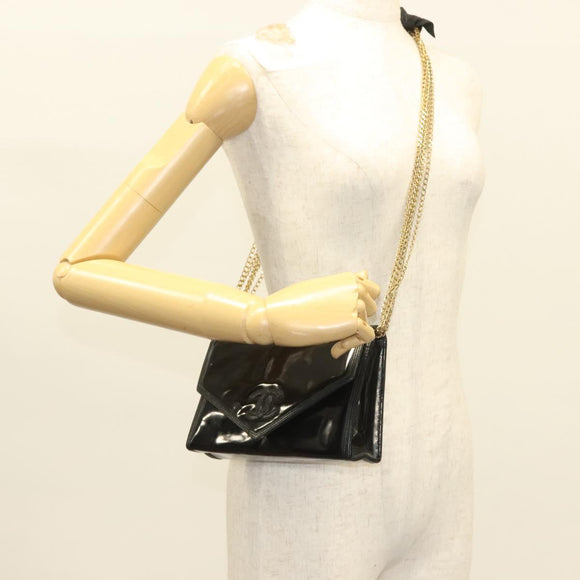 CHANEL Chain Shoulder Bag Enamel Black Gold CC Auth bs27175