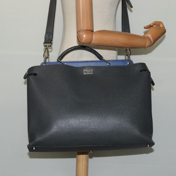 FENDI Peek A Boo Essentially Iconic Bag Leather 2way Gray Silver Auth bs27179