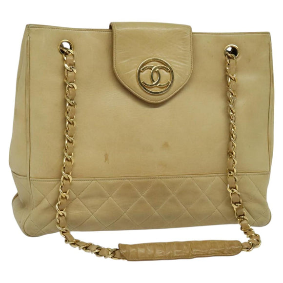 CHANEL Matelasse Chain Shoulder Bag Lamb Skin Beige Gold CC Auth bs27202
