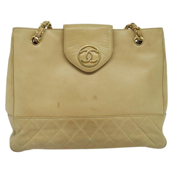 CHANEL Matelasse Chain Shoulder Bag Lamb Skin Beige Gold CC Auth bs27202