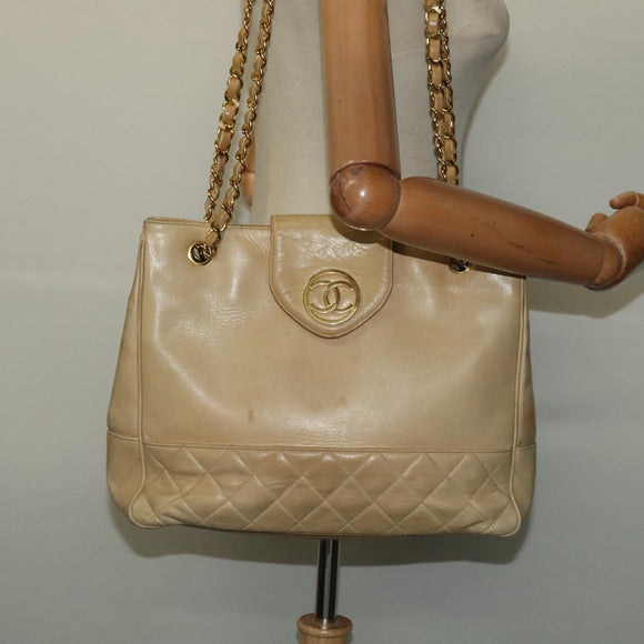 CHANEL Matelasse Chain Shoulder Bag Lamb Skin Beige Gold CC Auth bs27202