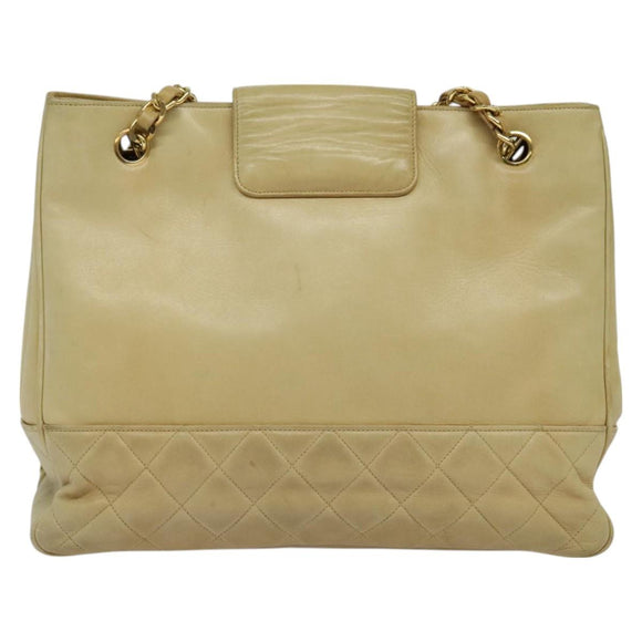 CHANEL Matelasse Chain Shoulder Bag Lamb Skin Beige Gold CC Auth bs27202