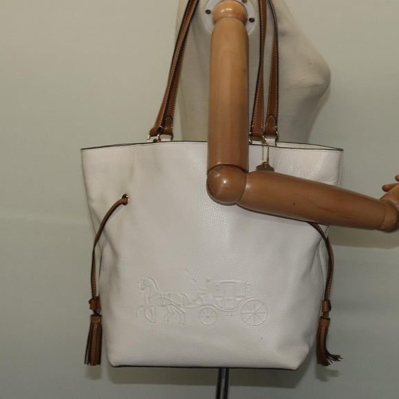 Coach Tote Bag Leather White Gold Auth bs27216