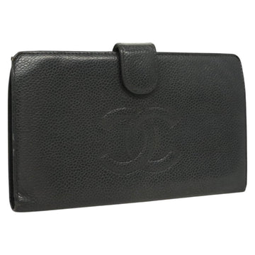 CHANEL Long Wallet Caviar Skin Black Gold CC Auth bs27231