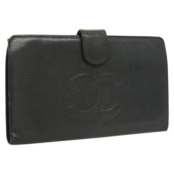 CHANEL Long Wallet Caviar Skin Black Gold CC Auth bs27231