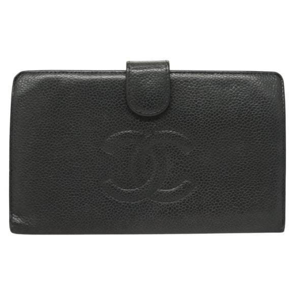 CHANEL Long Wallet Caviar Skin Black Gold CC Auth bs27231
