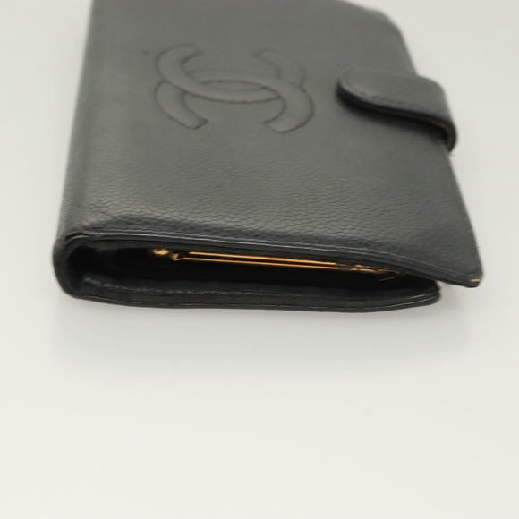 CHANEL Long Wallet Caviar Skin Black Gold CC Auth bs27231