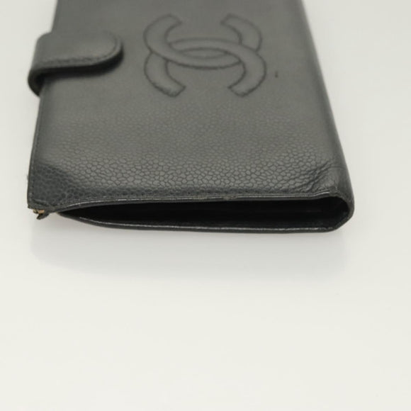CHANEL Long Wallet Caviar Skin Black Gold CC Auth bs27231