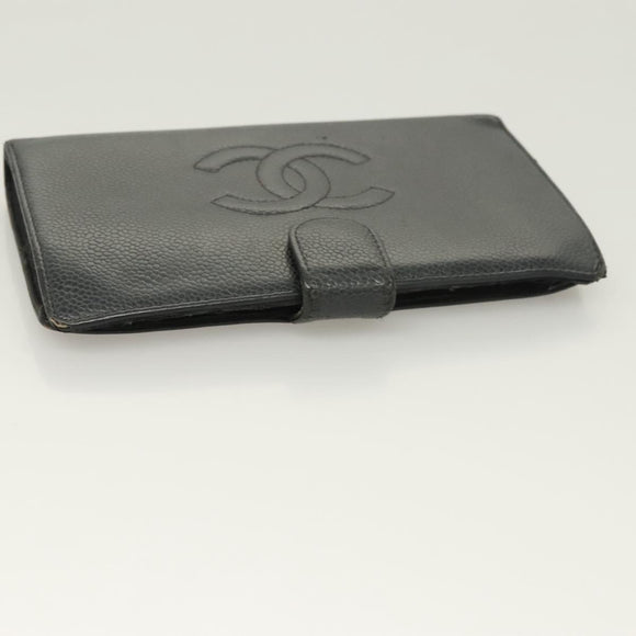 CHANEL Long Wallet Caviar Skin Black Gold CC Auth bs27231