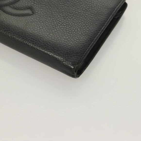 CHANEL Long Wallet Caviar Skin Black Gold CC Auth bs27231