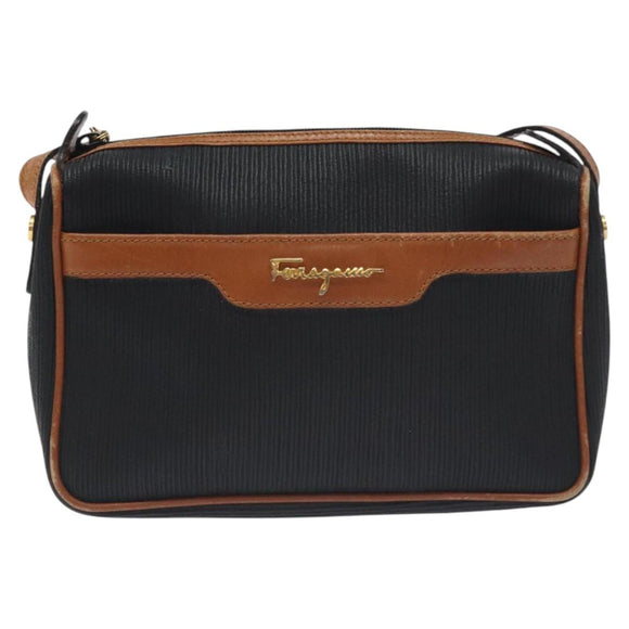 Salvatore Ferragamo Shoulder Bag Leather PVC Black Gold Auth bs27289