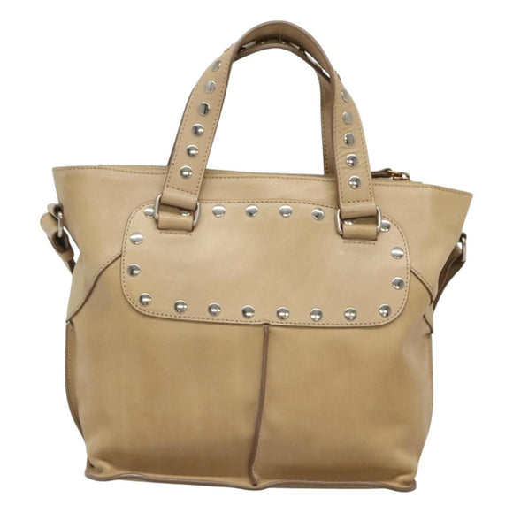 CELINE Hand Bag Leather 2way Beige Silver Auth bs27306