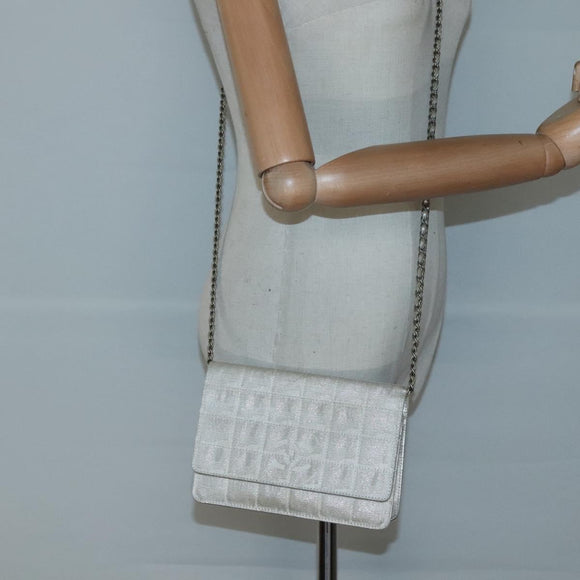 CHANEL New Travel Line Chain Wallet Nylon Silver CC Auth bs27339
