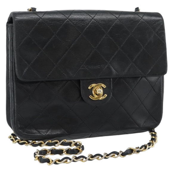 CHANEL Mini Matelasse 20 Chain Shoulder Bag Lamb Skin Black Gold CC Auth bs27341