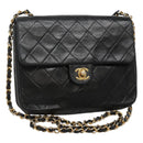 CHANEL Mini Matelasse Chain Shoulder Bag Lamb Skin Black Gold CC Auth bs27341-1