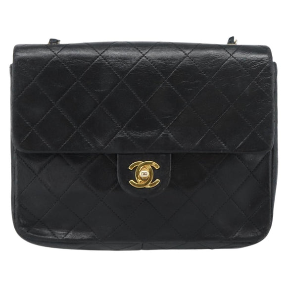 CHANEL Mini Matelasse 20 Chain Shoulder Bag Lamb Skin Black Gold CC Auth bs27341