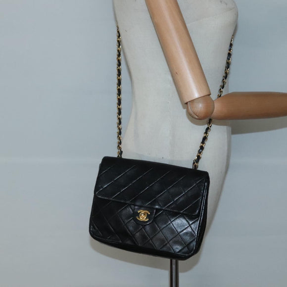 CHANEL Mini Matelasse Chain Shoulder Bag Lamb Skin Black Gold CC Auth bs27341