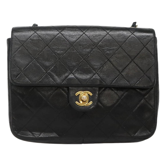 CHANEL Mini Matelasse Chain Shoulder Bag Lamb Skin Black Gold CC Auth bs27341