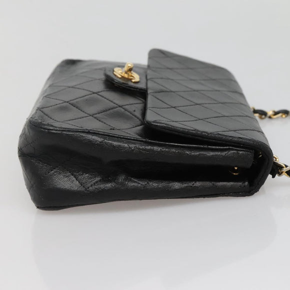 CHANEL Mini Matelasse Chain Shoulder Bag Lamb Skin Black Gold CC Auth bs27341